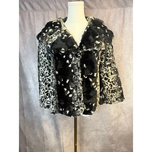 La Seine Black & White Faux Fur Leopard Coat Women’s Large Cropped Winter Jacket - Picture 5 of 14